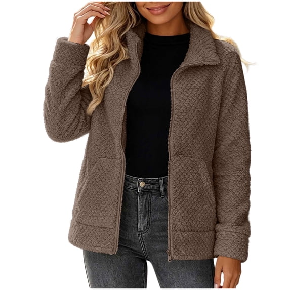 Nowekniz Women's Sherpa Fleece Zip Up Jacket, Long Sleeve Solid Fuzzy Sweatshirt, Warm Winter Full Zip Outwear Coat with Pockets, Casual Loose Fit Outerwear