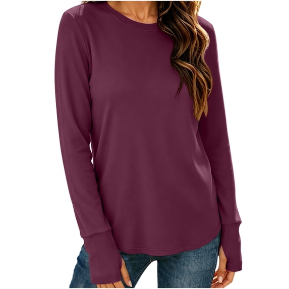 Nowekniz Womens Cotton Crewneck Long Sleeve Tops, Curved Hem Loose Lightweight Basic Sweater Tees, Fall Winter Casual Layer Shirts for Work School Teacher