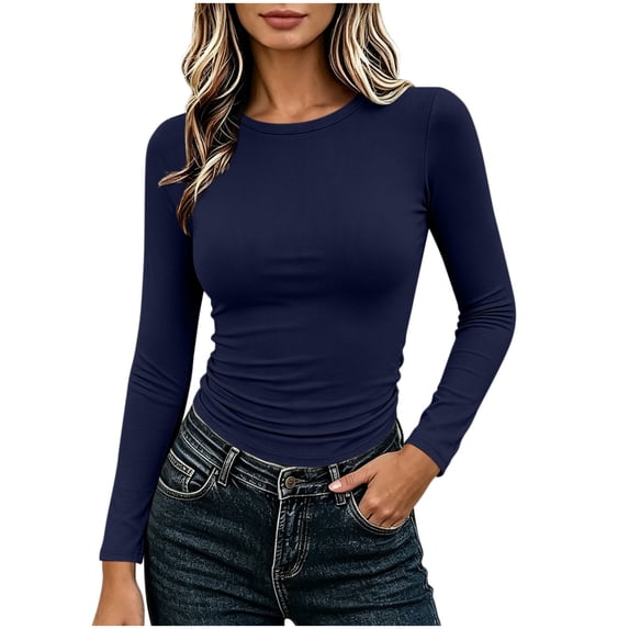 Nowekniz Womens Crewneck Long Sleeve Compression Tops, High Stretch Soft Fitted Plain Underscrub Tees, Y2K Fall Winter Layering Shirts for School Workout Travel, Easy to Pair with Jeans & Skirts