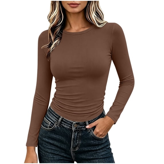 Nowekniz Womens Crewneck Long Sleeve Compression Tops, High Stretch Soft Fitted Plain Underscrub Tees, Y2K Fall Winter Layering Shirts for School Workout Travel, Easy to Pair with Jeans & Skirts