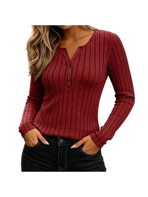 Womens Long Sleeve Henley & V-Neck Button Tops, Ribbed Knit Slim/Loose Fit Lightweight Tunic Blouse, Fall Comfy Casual Business Fashion Sweater Shirts