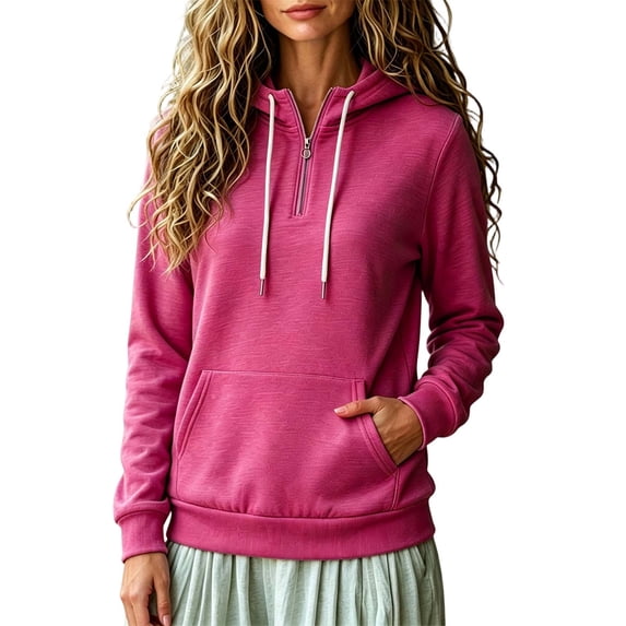 Nowekniz Womens Loose Half Zip Hoodie Sweatshirt, Cotton Blend Solid Long Sleeve Top with Kangaroo Pocket, Winter Soft Casual Layering Hooded Jacket
