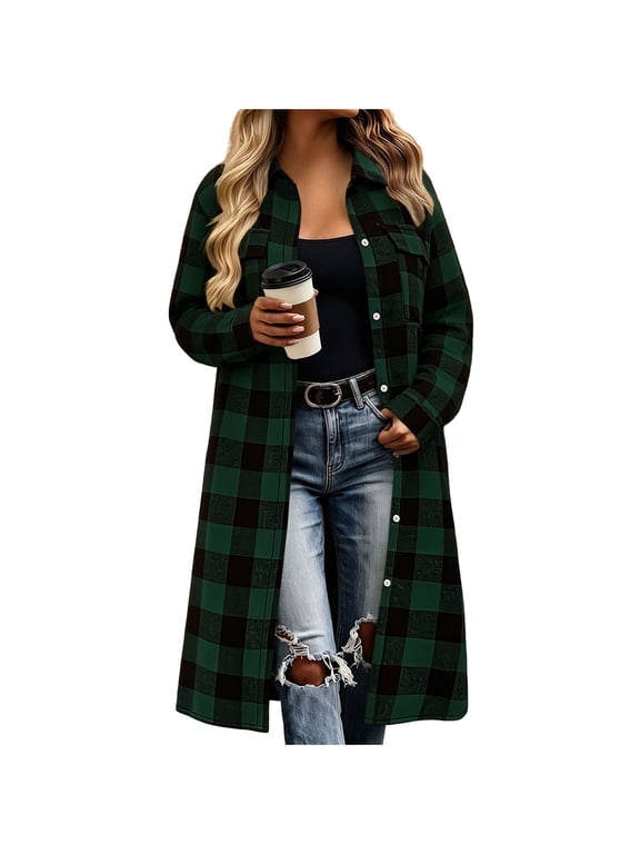 Womens Oversized Plaid Flannel Shacket, Lapel Button Long Tartan Coat with Pockets, Plus Size Corduroy Trench Cardigan, Fall Winter Casual Outerwear