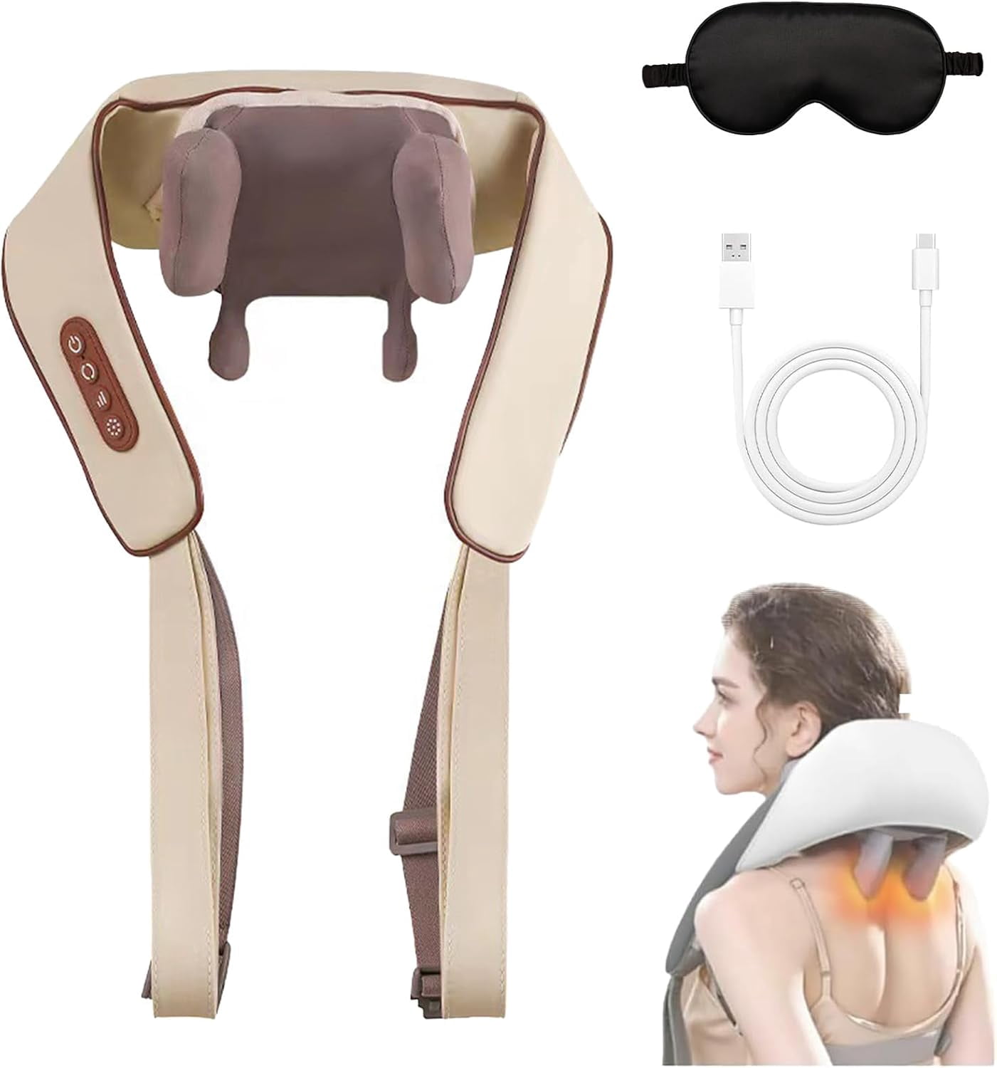 Noxa Neck and Shoulder Massager, with Heat, Adjustable Heat and Massage Speed, Portable Rechargeable Shiatsu Massage Device, Adjustable Modes (Coffee)