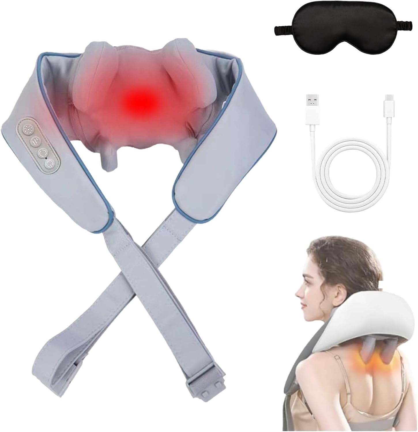 Noxa Neck and Shoulder Massager, with Heat, Adjustable Heat and Massage Speed, Portable Rechargeable Shiatsu Massage Device, Adjustable Modes (Gray)