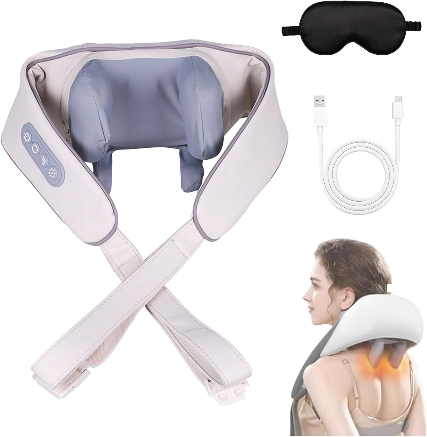 Noxa Neck and Shoulder Massager, with Heat, Adjustable Heat and Massage Speed, Portable Rechargeable Shiatsu Massage Device, Adjustable Modes (White)