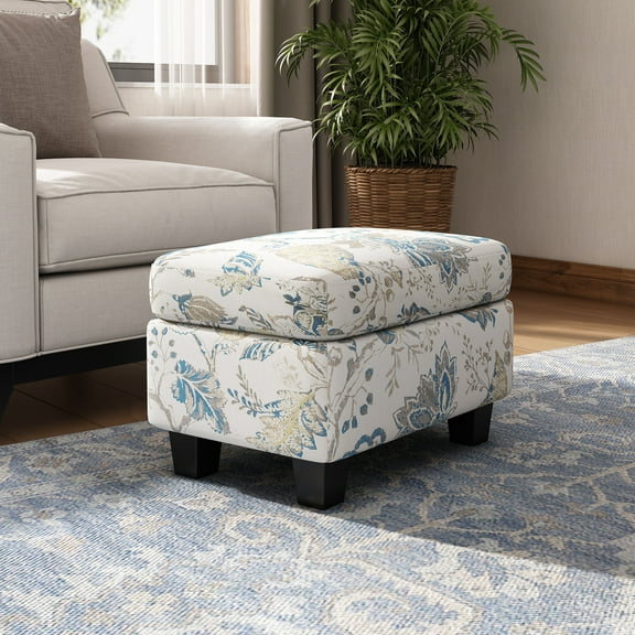 Noxveil Modern Upholstered Storage Ottoman, Beige + Blue Floral