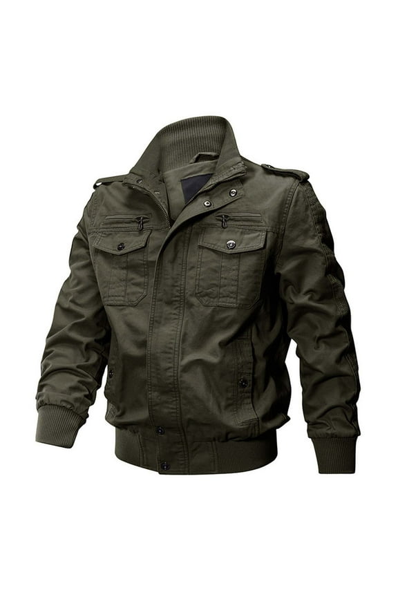 (L-6XL)Men's Big and Tall Cotton Multi-Pocket Cargo Bomber Jacket Casual Outdoor Hiking Windbreaker Stand Neck Buttons Zip Up Long Sleeve Coat Army Green 3XL