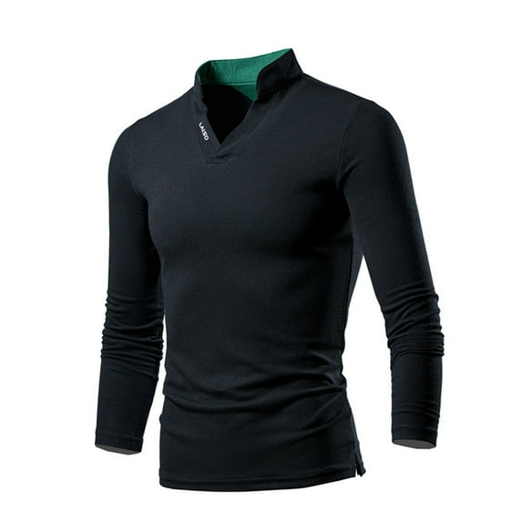 NoxwB (M-7XL)Men's T-Shirt Casual Workout Plus Size Cotton Slim Fit Base Shirt Stand Collar Long Sleeve Pullover Tees Black 2XL