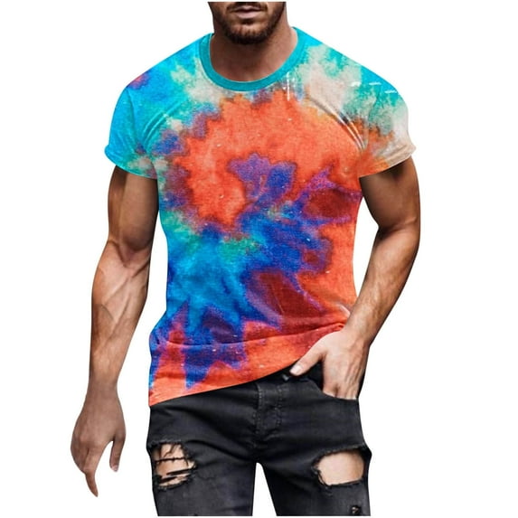 NoxwB Men's 3D Novelty Tie Dye Funny Graphic T-Shirts Regular Fit Lightweight Round Neck Short Sleeve Pullover Shirts Summer Casual Athletic Basic Tees Orange XXXL