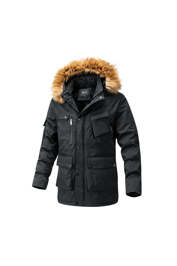 Men's Big and Tall Thickened Fleece Lined Fluffy Detachable-Hood Parka Casual Waterproof Thermal Outdoor Climbing Skiing Windbreaker Multi-Pocket Long Sleeve Full Zip Jacket Black L