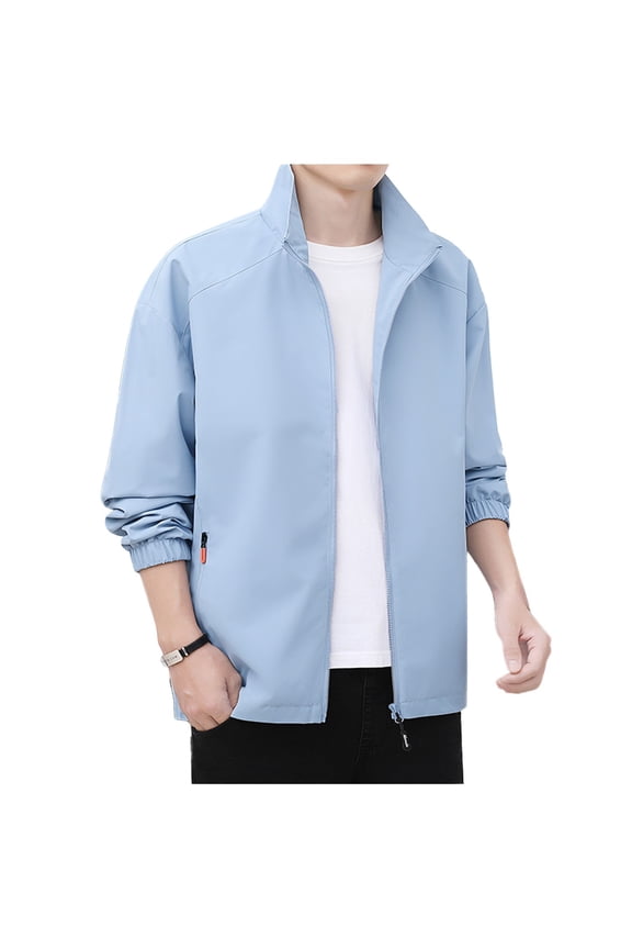 Men's Casual Stylish Plus Size Lightweight Relaxed Fit Jacket Versatile Daily Commuter Coat Stand Collar Zipper Cardigan Long Sleeve Outerwear with Zip Pockets Blue L
