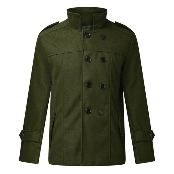 NoxwB Men's Classic Woolen Solid Color Warm Peacoat Fall Winter Casual Business Jacket Stand Neck Double Breasted Long Sleeve Coat Green L