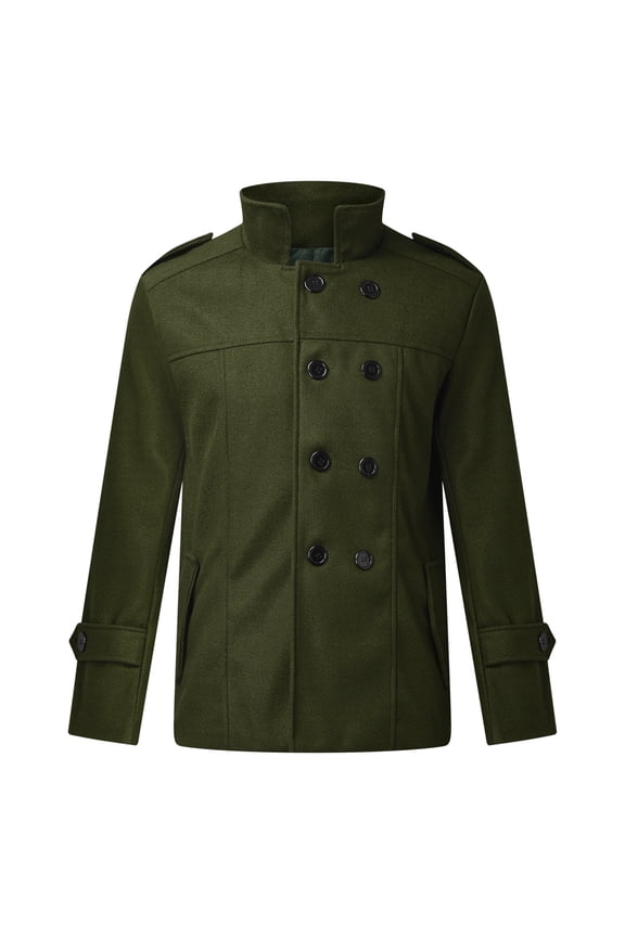 Men's Classic Woolen Solid Color Warm Peacoat Fall Winter Casual Business Jacket Stand Neck Double Breasted Long Sleeve Coat Green L