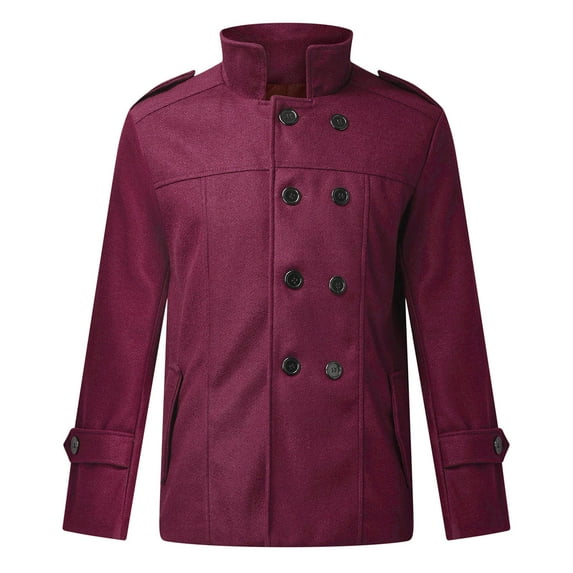 NoxwB Men's Classic Woolen Solid Color Warm Peacoat Fall Winter Casual Business Jacket Stand Neck Double Breasted Long Sleeve Coat Red L