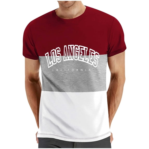 NoxwB Men's Colorblock LOS ANGELES Letter Printed T-Shirts Lighweight Comfy Regular Fit Crewneck Short Sleeve Pullover Tees Casual Fitness Sport Blouse Wine 2XL