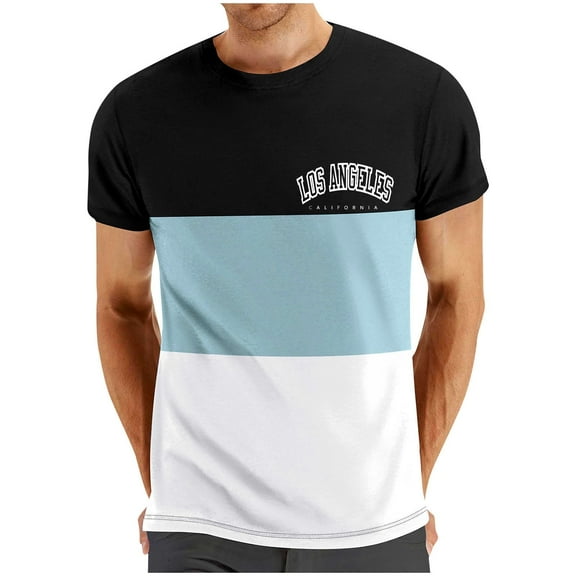 NoxwB Men's Colorblock LOS ANGELES Letter Printed T-Shirts Lighweight Comfy Regular Fit Crewneck Short Sleeve Pullover Tees Casual Fitness Sport Blouse Light Blue S