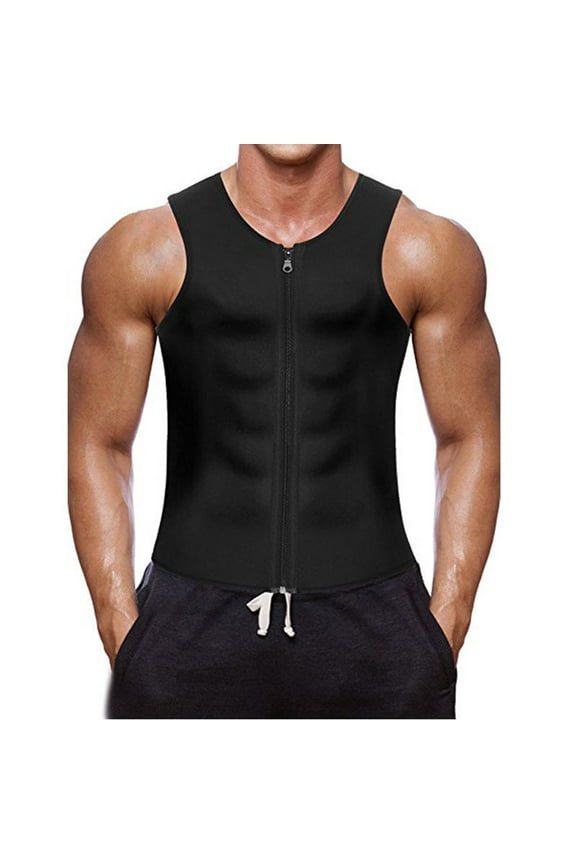 Men's Compression Body Shaping Sauna Vest Casual Workout Fitness Gym Tank Tops Corset Neoprene Sleeveless Zipper Coat Black 2XL