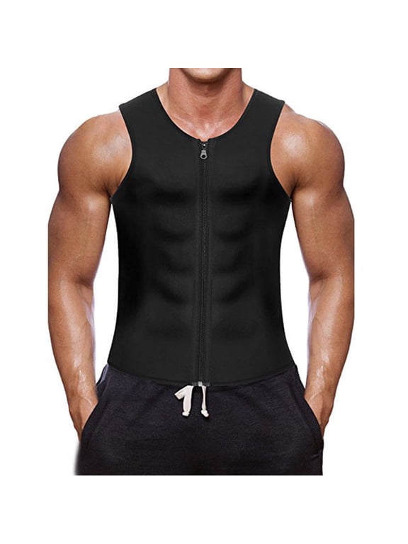 Men's Compression Body Shaping Sauna Vest Casual Workout Fitness Gym Tank Tops Corset Neoprene Sleeveless Zipper Coat Black S