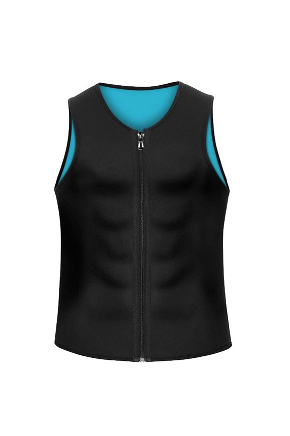 Men's Compression Body Shaping Sauna Vest Casual Workout Fitness Gym Tank Tops Corset Neoprene Sleeveless Zipper Coat Blue L