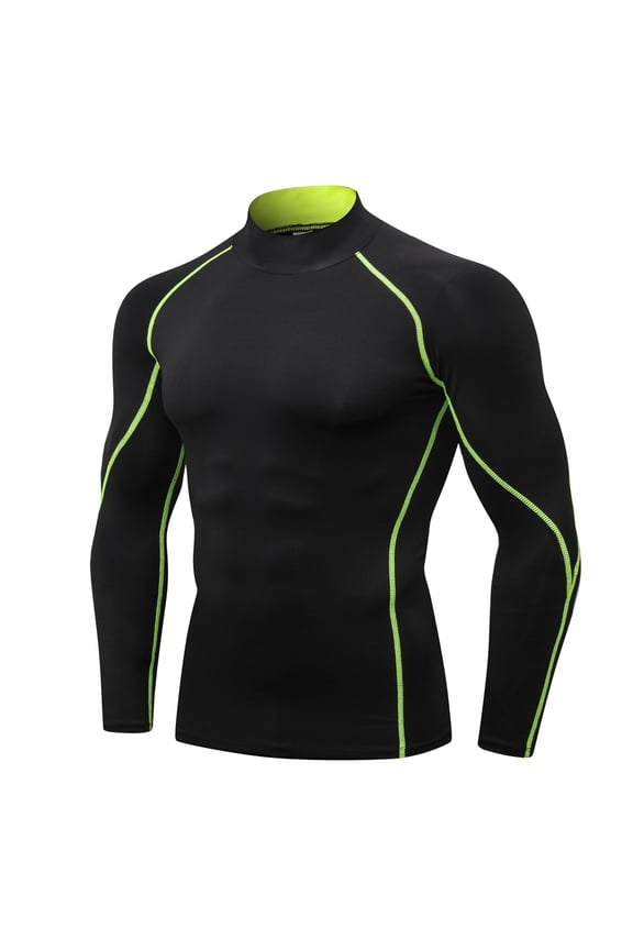 Men's Fall Winter Compression Workout T-Shirts Quick Dry Elasticity Muscle Fit Turtleneck Long Sleeve Pullover Fitness Gym Undershirts Green XL