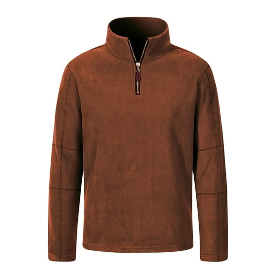 NoxwB Men's Fall Winter Fashion Polar Fleece Solid Color Relaxed Fit Pullover T-Shirt Casual Thermal Shirt Stand Collar Zipper Long Sleeve Tees Tops Brown 2XL