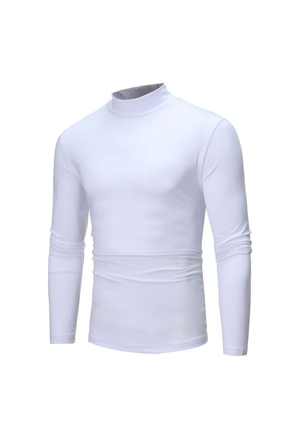 Men's Fall Winter Plain Slim Fit Mock Turtleneck Bottoming T-Shirts Lightweight Soft Comfy Long Sleeve Cotton Pullover Casual Fitness Gym Shirts White 3XL