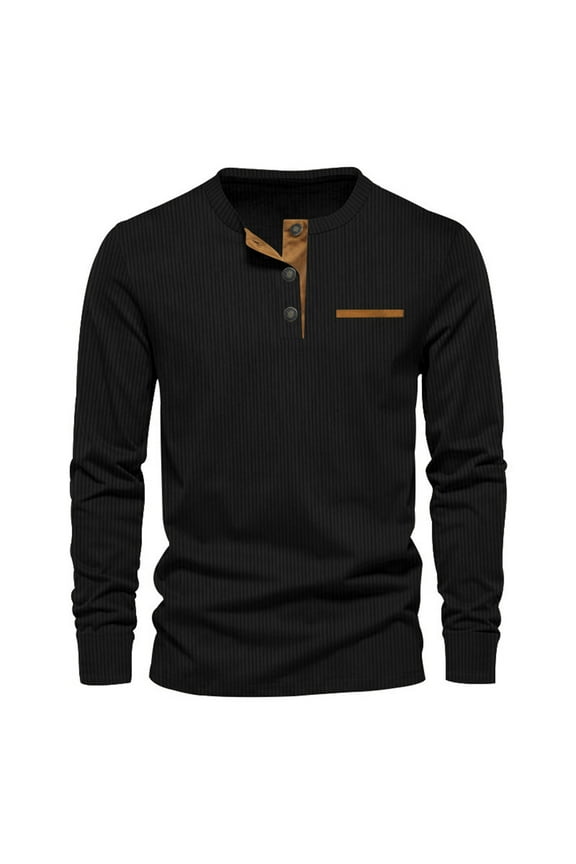 Men's Fall Winter Thermal Ribbed Textured Corduroy Henley Shirts Patchwork Long Sleeve Crewneck Buttons Pullover Sweaters Casual Athletic T-Shirts Black L