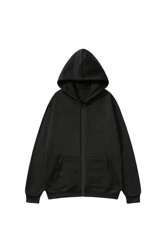 Men's Fashion Solid Color Loose Fit Fleece Jacket Casual Workout Hoodie Long Sleeve Full-Zip Hooded Sweatshirt with Pockets Black 2XL