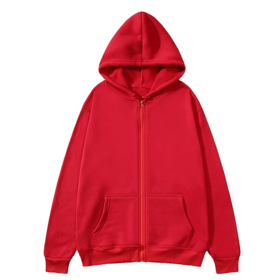 NoxwB Men's Fashion Solid Color Loose Fit Fleece Jacket Casual Workout Hoodie Long Sleeve Full-Zip Hooded Sweatshirt with Pockets Red M