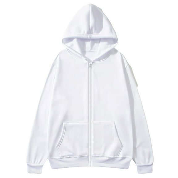 NoxwB Men's Fashion Solid Color Loose Fit Fleece Jacket Casual Workout Hoodie Long Sleeve Full-Zip Hooded Sweatshirt with Pockets White 2XL