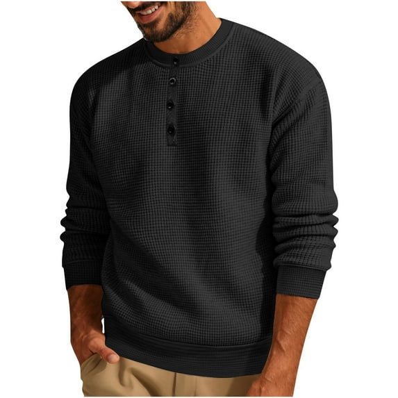 NoxwB Men's Fashion Solid Color Relaxed Fit Waffle Knitted Pullover Henley Shirt Casual Home Breathable T-Shirt Crew Neck Quarter Button-Up Long Sleeve Blouses Tops Black 3XL