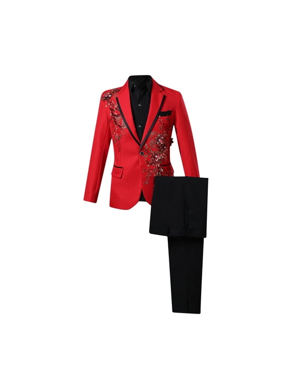 Men's Formal Party Prom Blazer&Trouser Set Flower Decoration Lapel One Button Long Sleeve Tailcoat & Long Pants Suit Casual Stage Performance Outfit Red 2XL