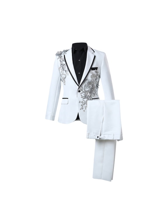 Men's Formal Party Prom Blazer&Trouser Set Flower Decoration Lapel One Button Long Sleeve Tailcoat & Long Pants Suit Casual Stage Performance Outfit White M