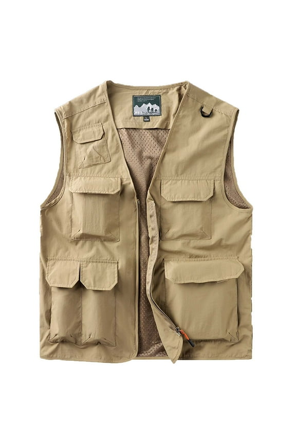 Men's Full Zippered Cargo Vest Jacket Sleeveless Multi-pocket Waistcoat Outdoor Front Pockets Vest Coat Khaki XXL