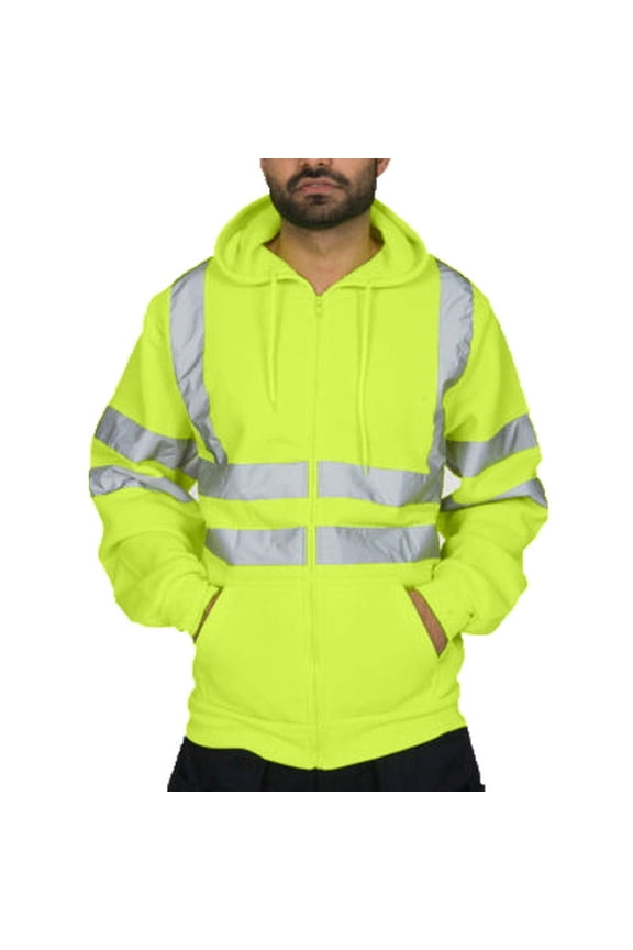 Men's High Visibility Safety Sweatshirt Class 3 Reflective Zippered Long Sleeve Drawstring Hooded Cargo Jacket Hi-Vis Safety Hoodies Green 4XL