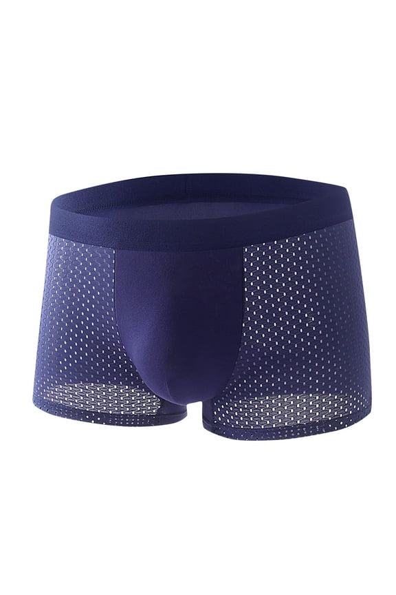 Men's Large Size Ice Silk See-Through Mesh Boxers Sexy U Bulge Pouch Four Corner Undershorts Breathable Comfy Underpants Blue 3XL