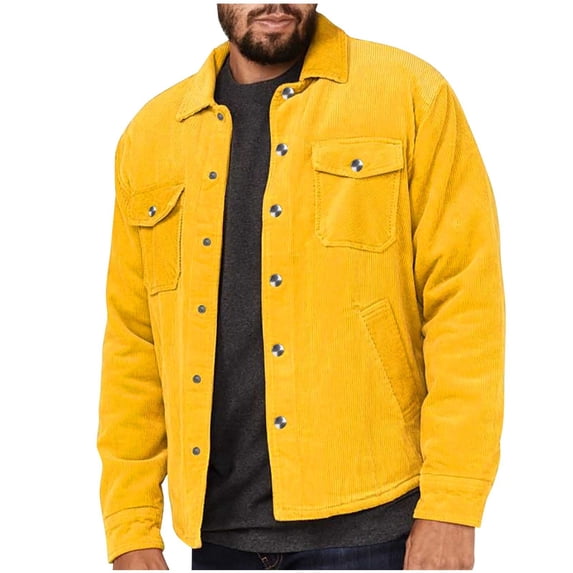 NoxwB Men's Lightweight Solid Color Ribbed Corduroy Jackets Relaxed Fit Casual Business Coats Thermal Single-Breasted Cardigan Long Sleeve Lapel Outerwear with Chest Pockets Yellow XL