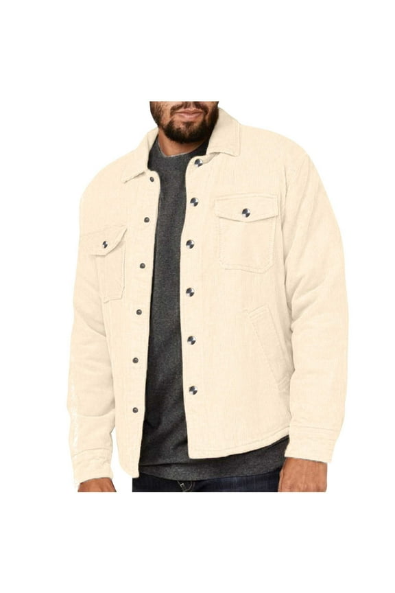 Men's Lightweight Solid Color Ribbed Corduroy Jackets Relaxed Fit Casual Business Coats Thermal Single-Breasted Cardigan Long Sleeve Lapel Outwear with Chest Pockets White M