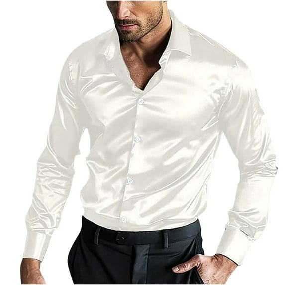 NoxwB Men's Luxury Shiny Silk Like Satin Dress Shirt Slim Fit Lapel Button Down Long Sleeve T-Shirts Casual Business Disco Party Prom Costumes White M