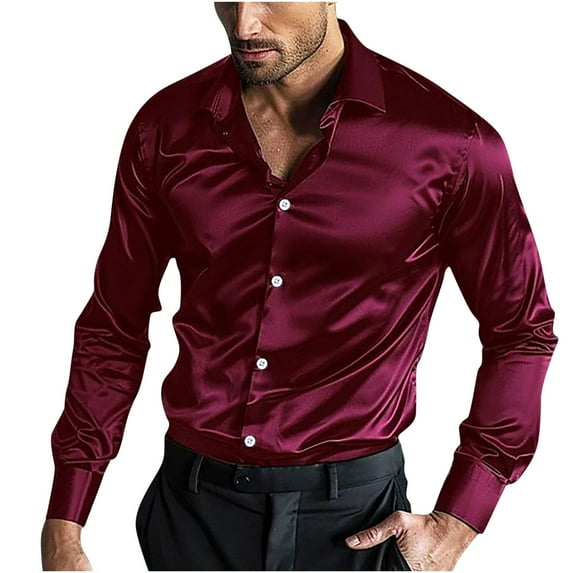 NoxwB Men's Luxury Shiny Silk Like Satin Dress Shirt Slim Fit Lapel Button Down Long Sleeve T-Shirts Casual Business Disco Party Prom Costumes Wine XL