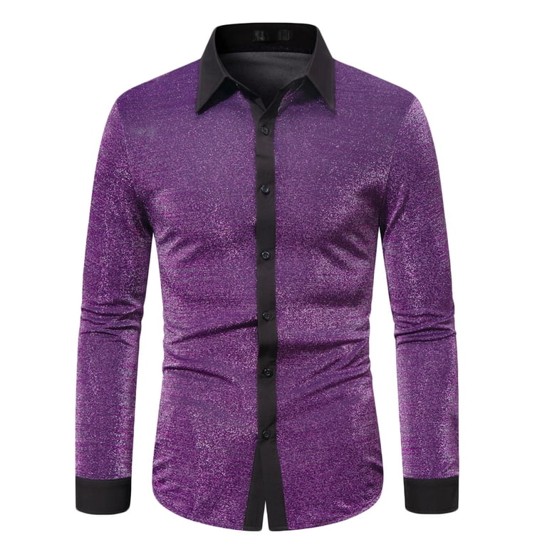 NoxwB Men's Metallic Shiny Long Sleeve Dress Shirt Reflective Slim Fit  Button Down Shirts for Nightclub Performances Purple XL - Walmart.com