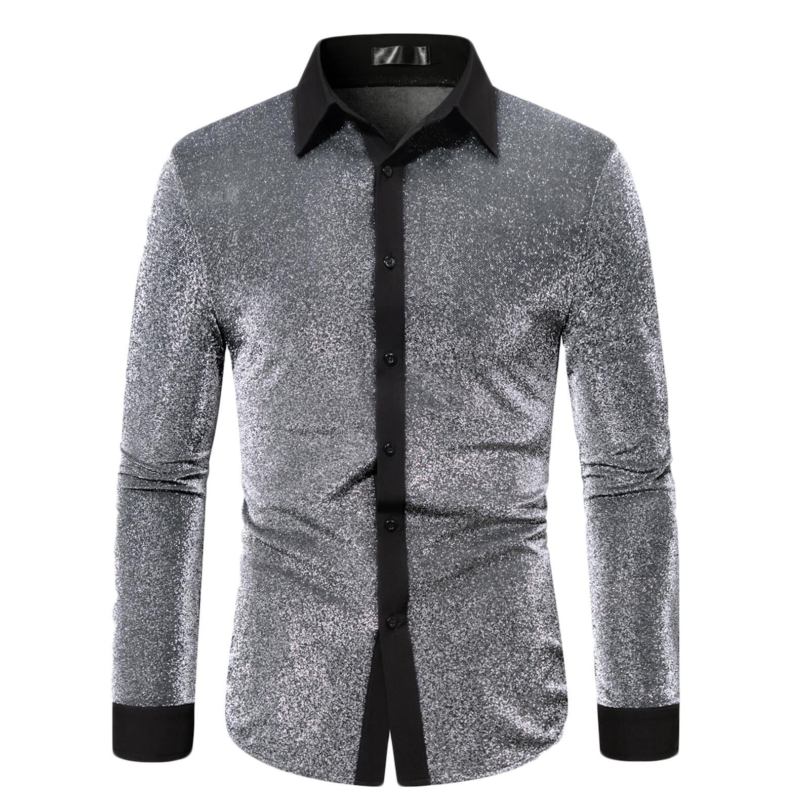 NoxwB Men's Metallic Shiny Long Sleeve Dress Shirt Reflective Slim Fit  Button Down Shirts for Nightclub Performances Silver XL - Walmart.com