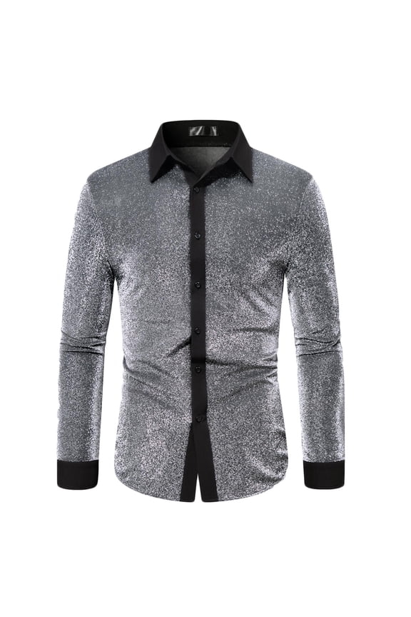 Men's Metallic Shiny Long Sleeve Dress Shirt Reflective Slim Fit Button Down Shirts for Nightclub Performances Silver XL