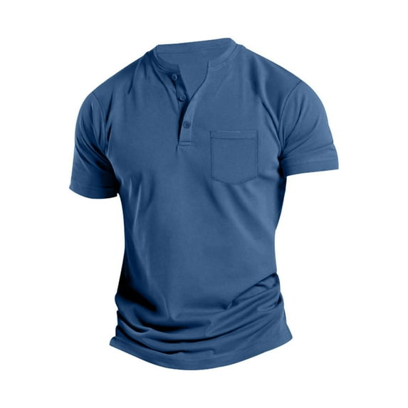 NoxwB Men's Plain Cotton Henley Shirts Slim Fit Lightweight Breathable Crewneck Buttons Short Sleeve Bottom Pullover Summer Casual Workout T-Shirts with Pocket Blue XXL