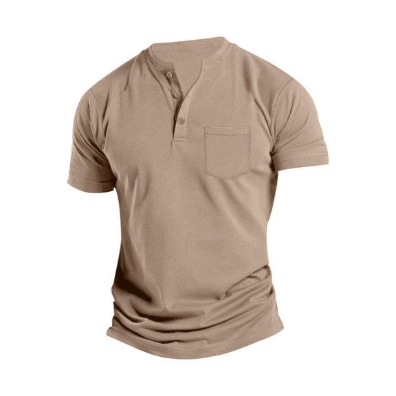 NoxwB Men's Plain Cotton Henley Shirts Slim Fit Lightweight Breathable Crewneck Buttons Short Sleeve Bottom Pullover Summer Casual Workout T-Shirts with Pocket Khaki XXXL