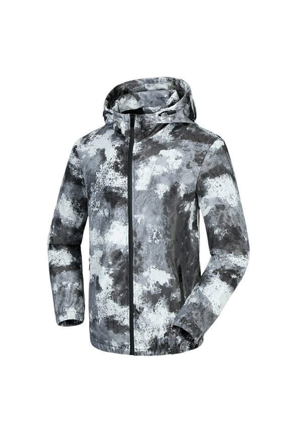 Men's Plus Size Camo Water-Resistant Windproof Jacket Casual Outdoor Camping Windbreaker Full Zip Long Sleeve Hoodie with Zipper Pockets Gray 4XL