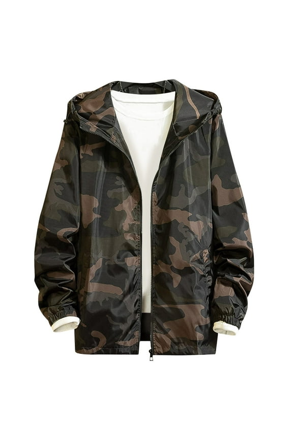 Men's Plus Size Fashion Lightweight Camo Jacket Versatile Casual Outdoor Athletic Hoodie Zipper Cardigan Long Sleeve Windbreaker with Pockets Coffee 4XL