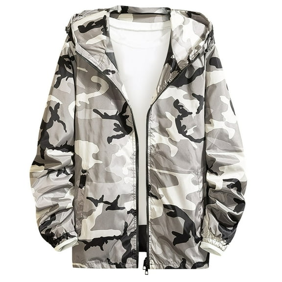 NoxwB Men's Plus Size Fashion Lightweight Camo Jacket Versatile Casual Outdoor Athletic Hoodie Zipper Cardigan Long Sleeve Windbreaker with Pockets Gray L