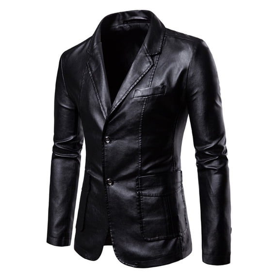 NoxwB Men's Plus Size Fashion Solid Color PU Faux Leather Suit Blazer Casual Wedding Business Jacket Long Sleeve Lapel Single-Breasted Dress Coat with Pockets Black 4XL